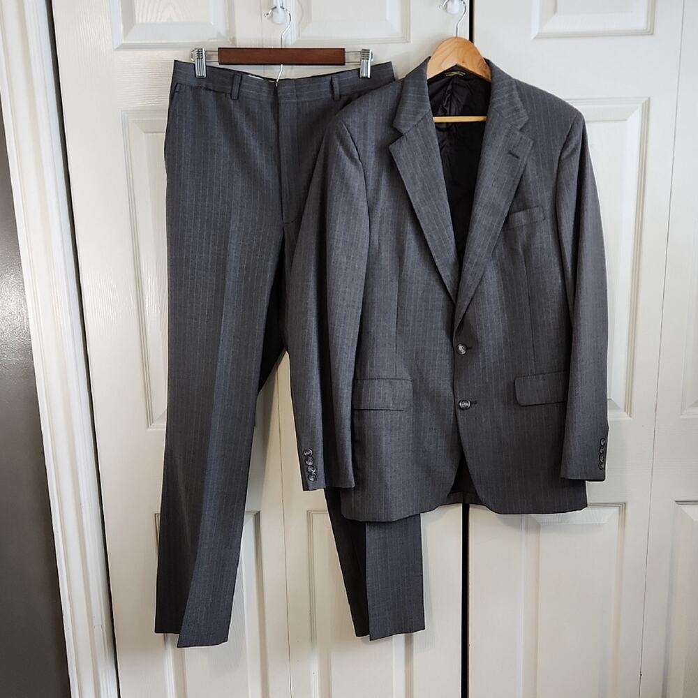 Vintage‎ Palm Beach Gray Pinstriped Single Breasted Suit 42 33x43 Business 80s